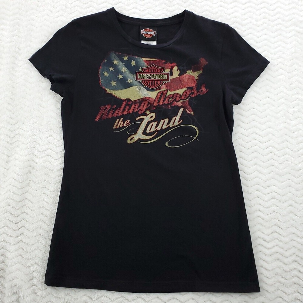 Harley Davidson Women Small Cap Short Sleeve TShirt Black US Flag Columbia SC
